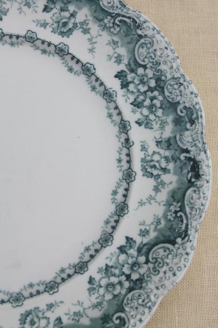 photo of old antique English transferware china dinner plates, embossed border blue Lucerne #11