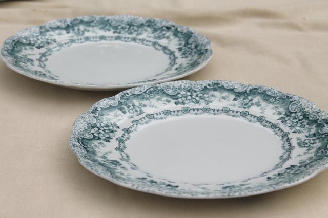 photo of old antique English transferware china dinner plates, embossed border blue Lucerne #12