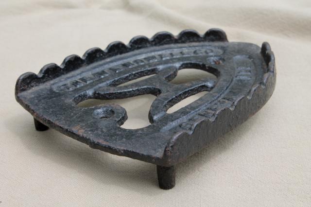 photo of old antique Geneva star clothes iron & cast iron trivet stand #7