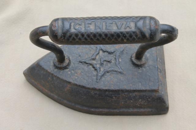 photo of old antique Geneva star clothes iron & cast iron trivet stand #9