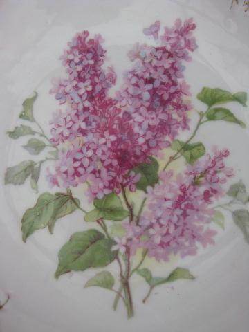 photo of old antique Germany china serving bowl, lilacs floral, pink fan border #3