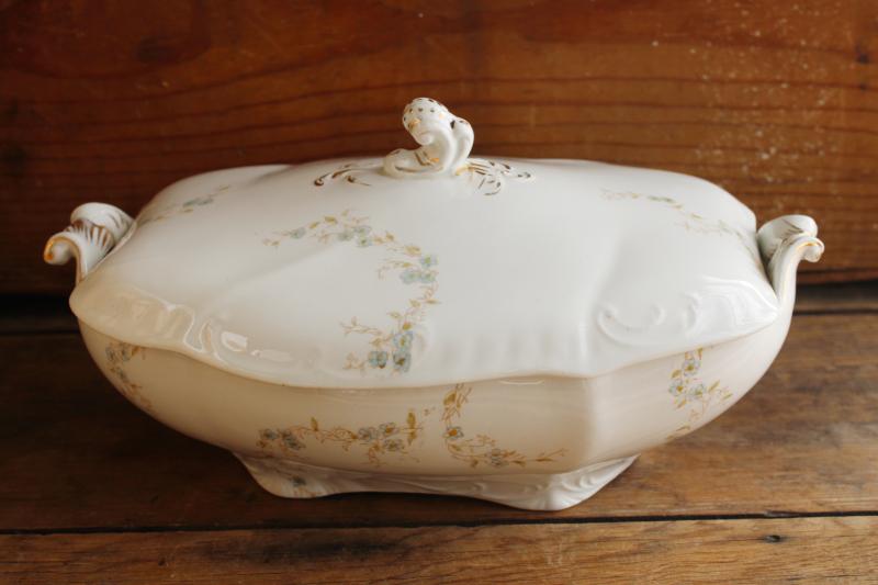 photo of old antique Johnson Bros china covered dish or tureen, semi-porcelain w/ blue floral #3