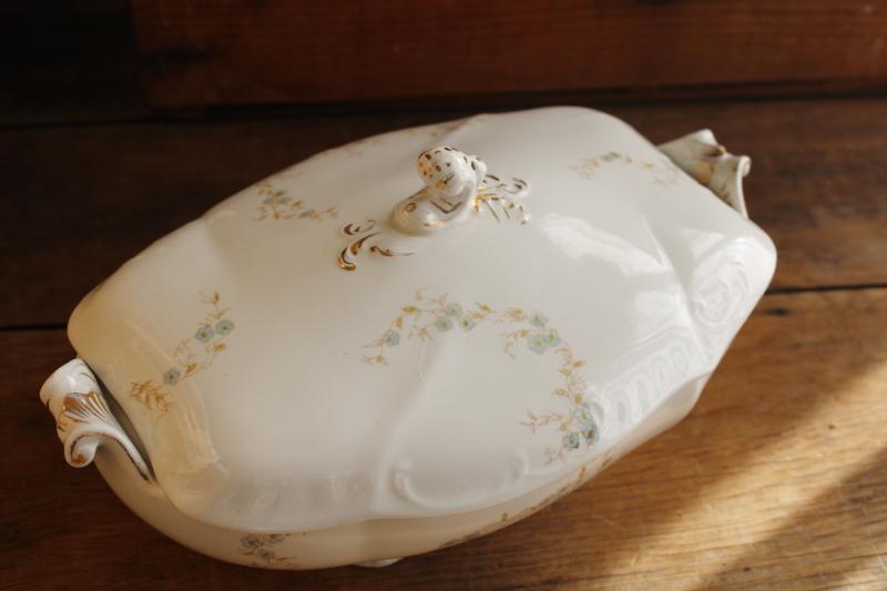 photo of old antique Johnson Bros china covered dish or tureen, semi-porcelain w/ blue floral #4