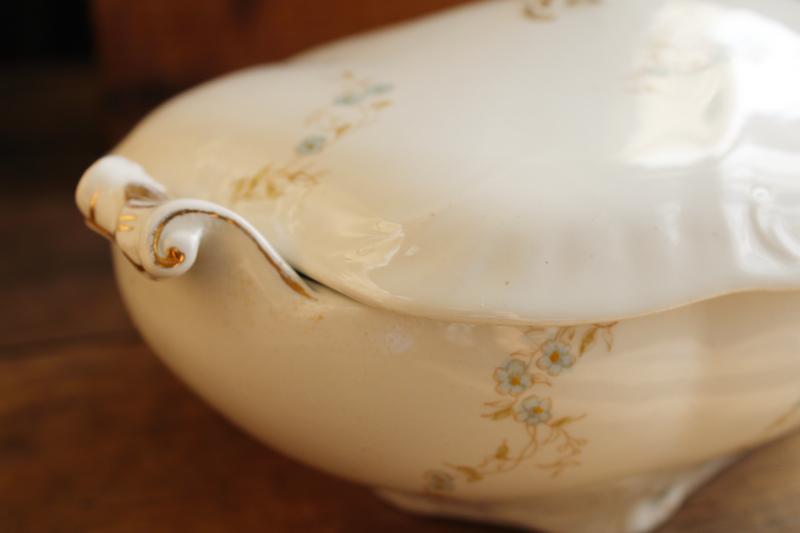 photo of old antique Johnson Bros china covered dish or tureen, semi-porcelain w/ blue floral #5