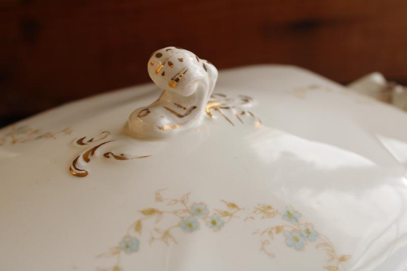 photo of old antique Johnson Bros china covered dish or tureen, semi-porcelain w/ blue floral #6