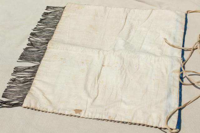 photo of old antique Masons fraternal apron, embroidered emblem silk leather passementerie wire fringe #3