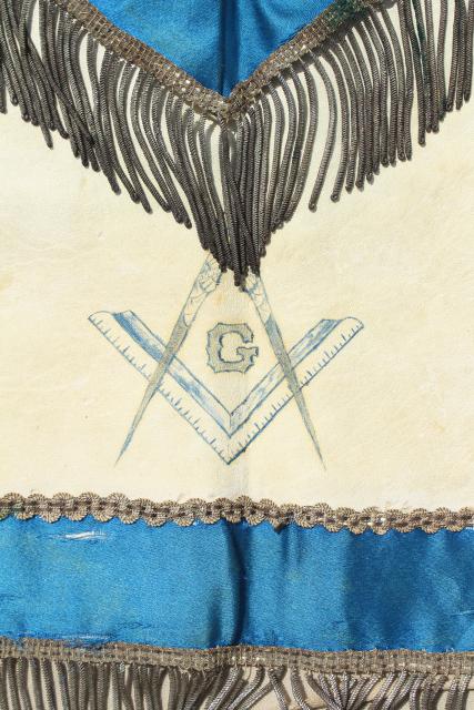 photo of old antique Masons fraternal apron, embroidered emblem silk leather passementerie wire fringe #4