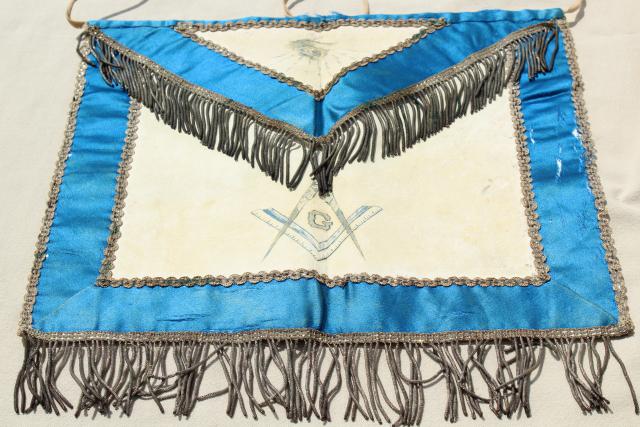 photo of old antique Masons fraternal apron, embroidered emblem silk leather passementerie wire fringe #11