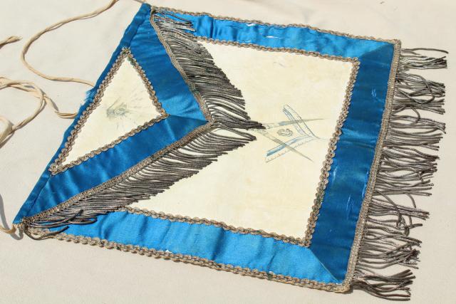 photo of old antique Masons fraternal apron, embroidered emblem silk leather passementerie wire fringe #12