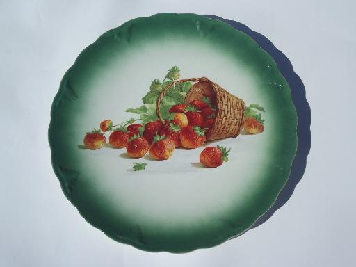 photo of old antique Petrus Regout Holland pottery plate, basket of strawberries #1