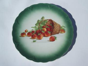 catalog photo of old antique Petrus Regout Holland pottery plate, basket of strawberries