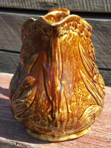 photo of old antique Rockingham brown glaze yellow stoneware tulip milk pitcher #2