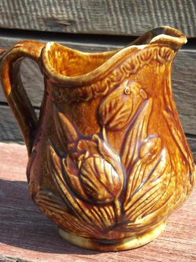 photo of old antique Rockingham brown glaze yellow stoneware tulip milk pitcher #3