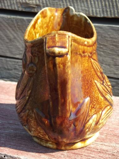 photo of old antique Rockingham brown glaze yellow stoneware tulip milk pitcher #4