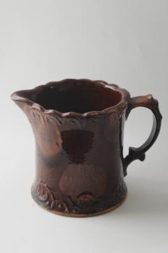 catalog photo of old antique Rockingham brown glazed stoneware pottery pitcher, rustic primitive decor