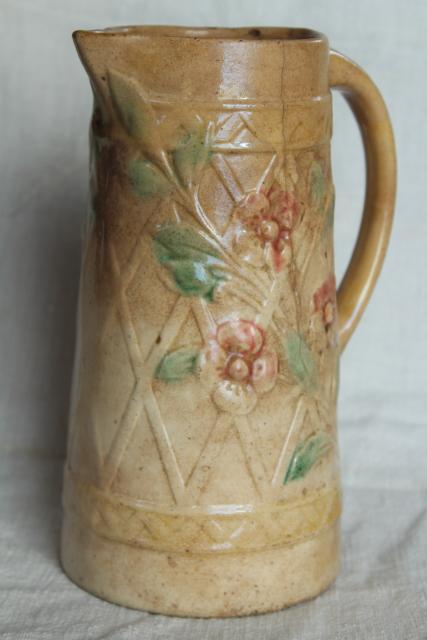 photo of old antique Roseville pottery pitcher, majolica style wild rose & lattice design #1