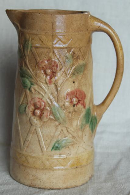 photo of old antique Roseville pottery pitcher, majolica style wild rose & lattice design #3