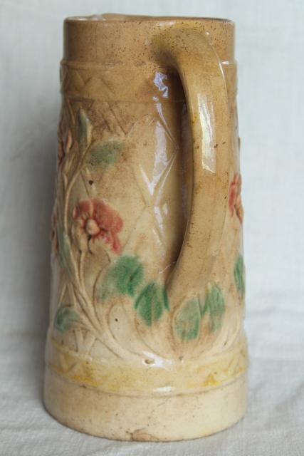 photo of old antique Roseville pottery pitcher, majolica style wild rose & lattice design #4