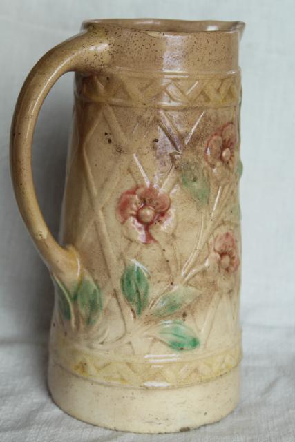 photo of old antique Roseville pottery pitcher, majolica style wild rose & lattice design #10