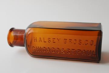 catalog photo of old antique amber brown glass medicine bottle embossed Halsey Bros Chicago & St Paul 