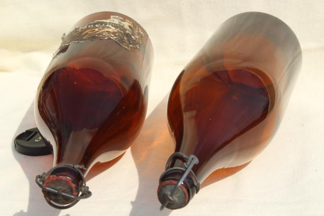 photo of old antique amber glass beer bottles, magnum size wine bottles w/ wire bail lids #9