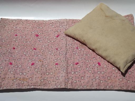 photo of old antique baby feather pillow and doll quilt tied cotton print comforter #1