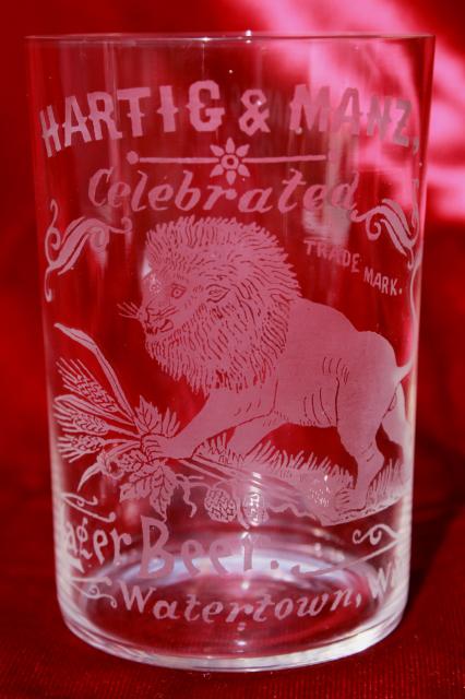 photo of old antique beer glass etched Hartig & Manz Watertown Wisconsin lager beer #1