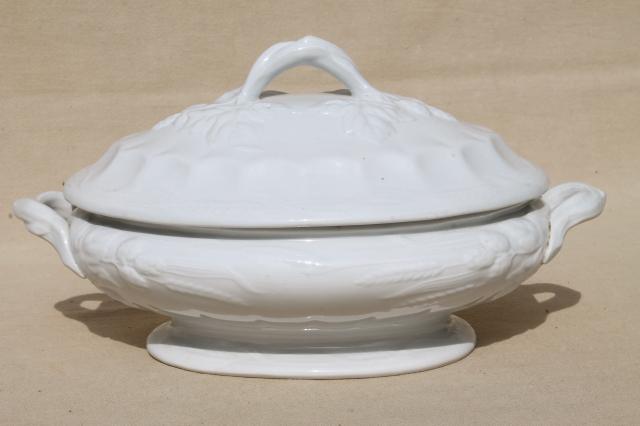 photo of old antique blackberry bramble white ironstone china tureen, oval serving dish w/ embossed fruit #1