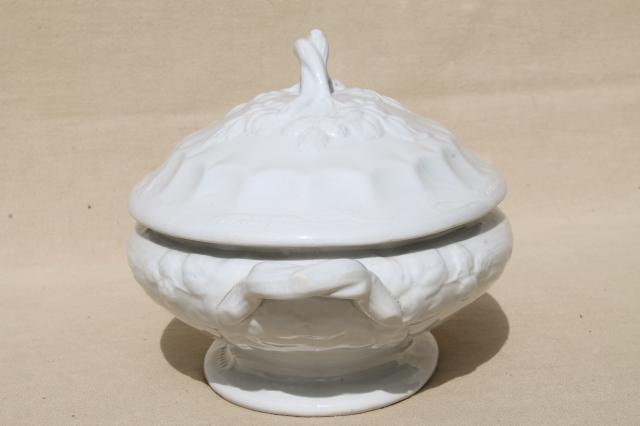 photo of old antique blackberry bramble white ironstone china tureen, oval serving dish w/ embossed fruit #5