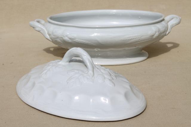 photo of old antique blackberry bramble white ironstone china tureen, oval serving dish w/ embossed fruit #7