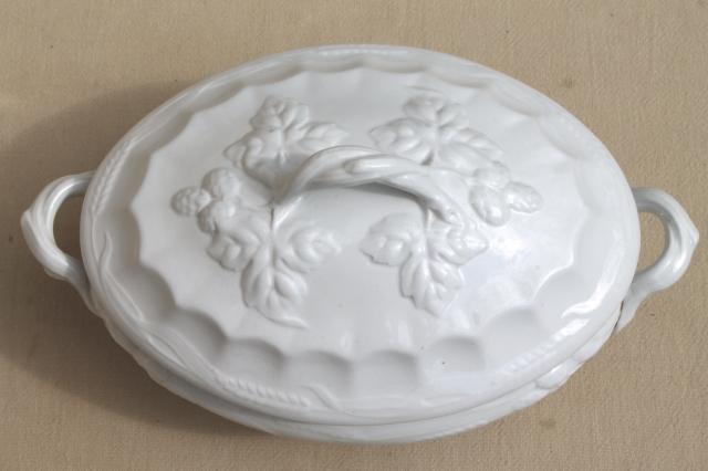 photo of old antique blackberry bramble white ironstone china tureen, oval serving dish w/ embossed fruit #12