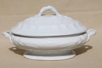 catalog photo of old antique blackberry bramble white ironstone china tureen, oval serving dish w/ embossed fruit