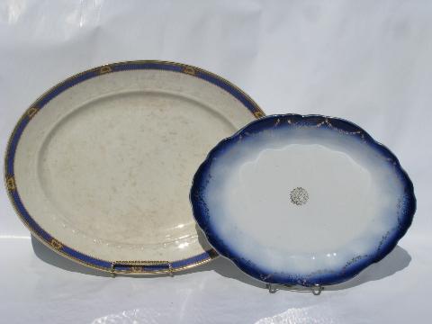 photo of old antique blue border china platters, early 1900s vintage #1