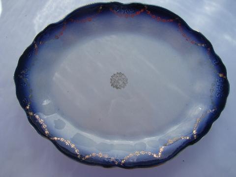 photo of old antique blue border china platters, early 1900s vintage #2