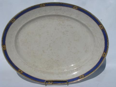 photo of old antique blue border china platters, early 1900s vintage #5