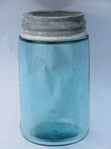 photo of old antique blue glass pint Mason fruit canning jar, 1858 patent #1