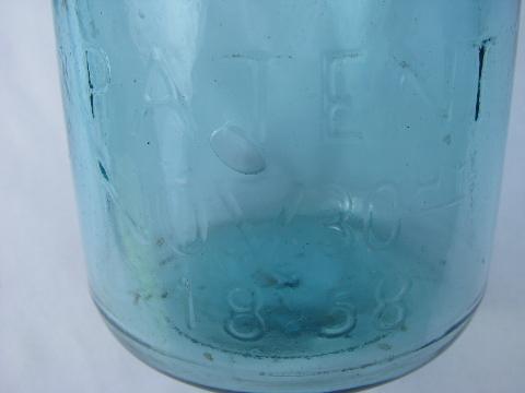 photo of old antique blue glass pint Mason fruit canning jar, 1858 patent #3