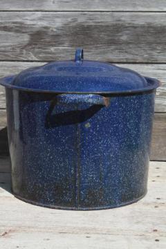 catalog photo of old antique blue spatter graniteware stockpot / canning kettle, 20 quart enamelware pot