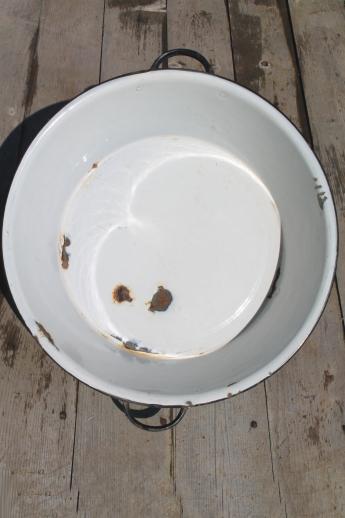 photo of old antique blue & white enamelware dish pan, wash tub or primitive sink basin #3