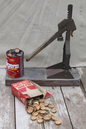 photo of old antique bottle capper & lot of vintage bottle caps, primitive bottling set-up #1