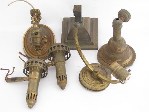 photo of old antique brass sconce lamps / wall mount lights lot, vintage lighting parts #1