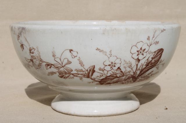 photo of old antique brown transferware English ironstone semi-porcelain china footed bowl #1