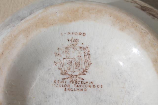 photo of old antique brown transferware English ironstone semi-porcelain china footed bowl #7