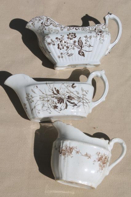 photo of old antique brown transferware china collection, sauce pitchers & gravy boats #2