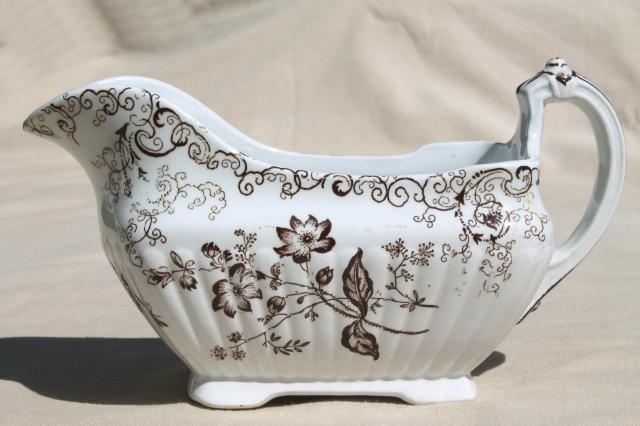 photo of old antique brown transferware china collection, sauce pitchers & gravy boats #3