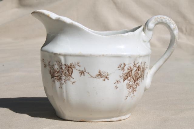 photo of old antique brown transferware china collection, sauce pitchers & gravy boats #5