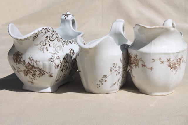 photo of old antique brown transferware china collection, sauce pitchers & gravy boats #6