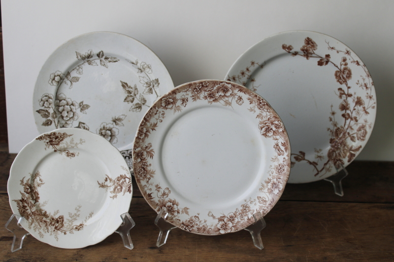 photo of old antique brown transferware china plates lot mismatched floral patterns white ironstone  #1