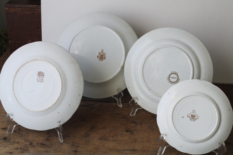 photo of old antique brown transferware china plates lot mismatched floral patterns white ironstone  #4