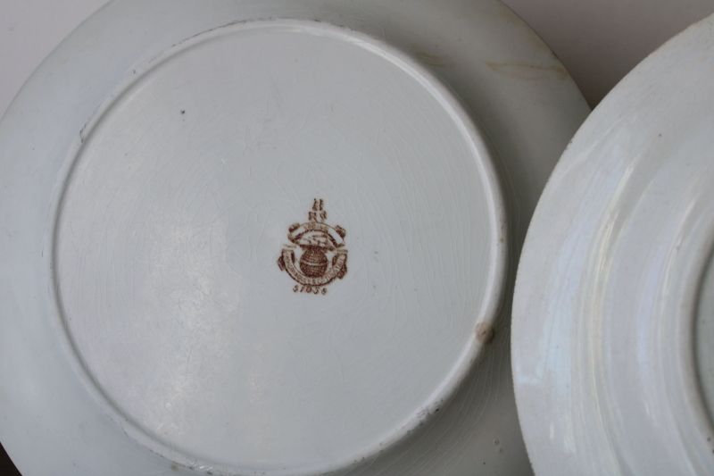 photo of old antique brown transferware china plates lot mismatched floral patterns white ironstone  #8